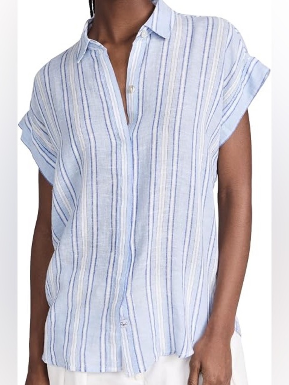 Rails Light Blue & White Striped Short-Sleeve Linen Blend Button Down Shirt